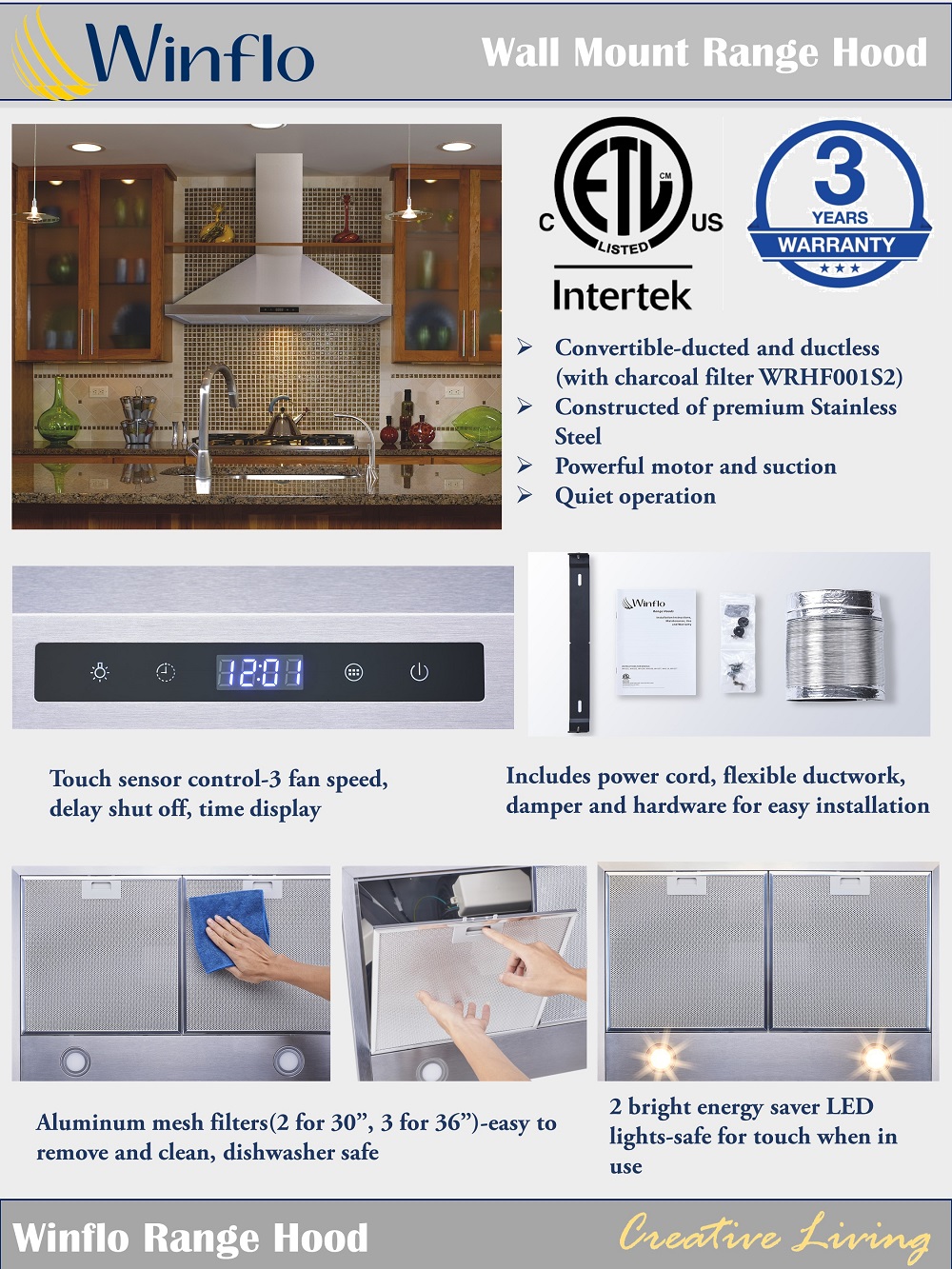 Winflo 30 in. Convertible Wall Mount Range Hood in Stainless Steel with